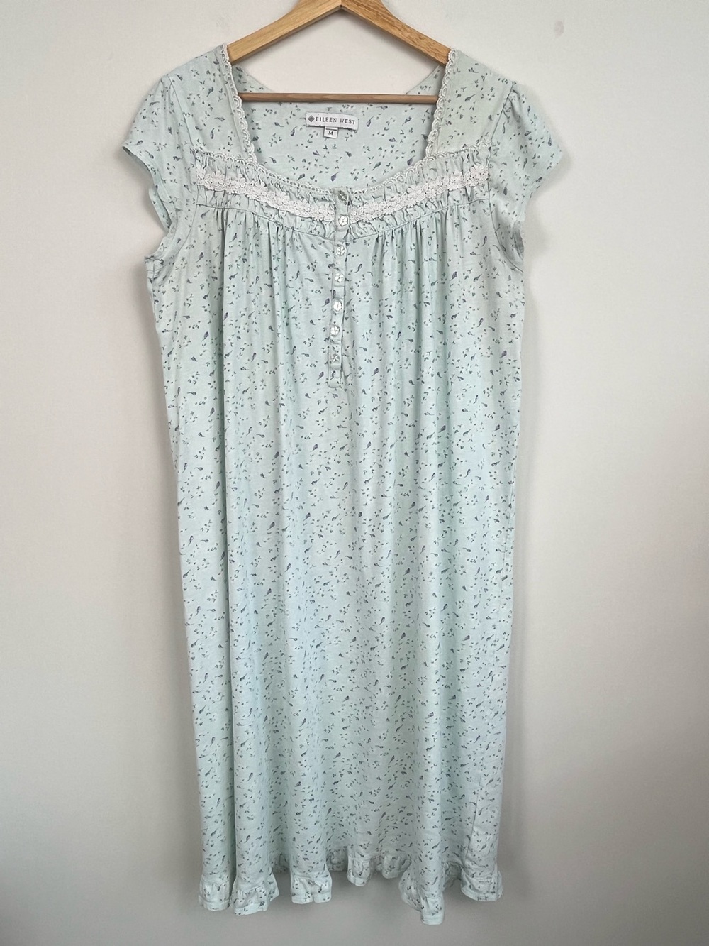 Eileen West light aqua ditzy floral midi length 100% cotton nightgown, medium.